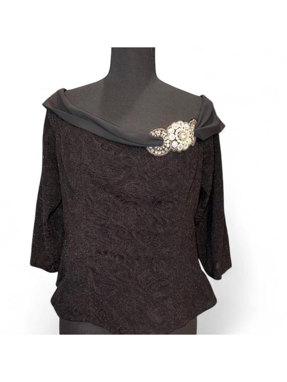 Alex Evenings Black Metallic Textured Off Shoulder Blouse Rhinestone Brooch - XL